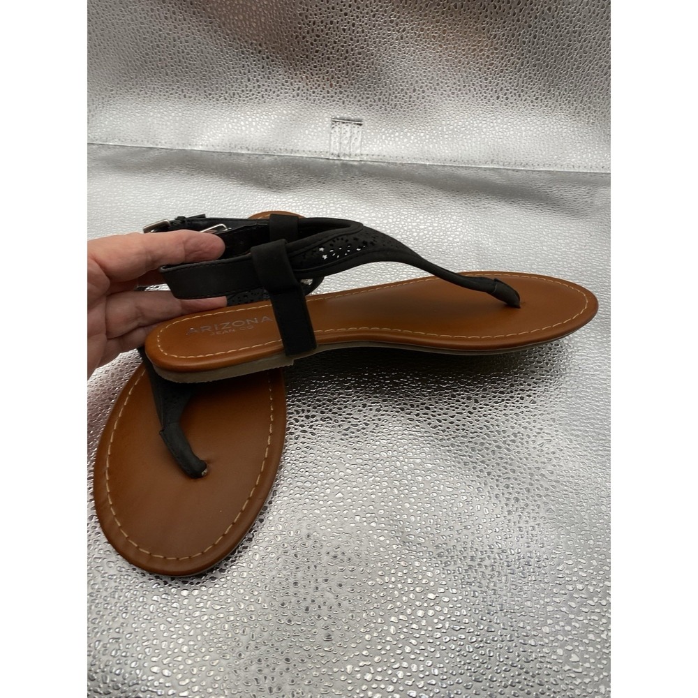Arizona Jean Co Black Brown Laser Cut Buckle Women's Thong Sandals 7.5 - Picture 2 of 4